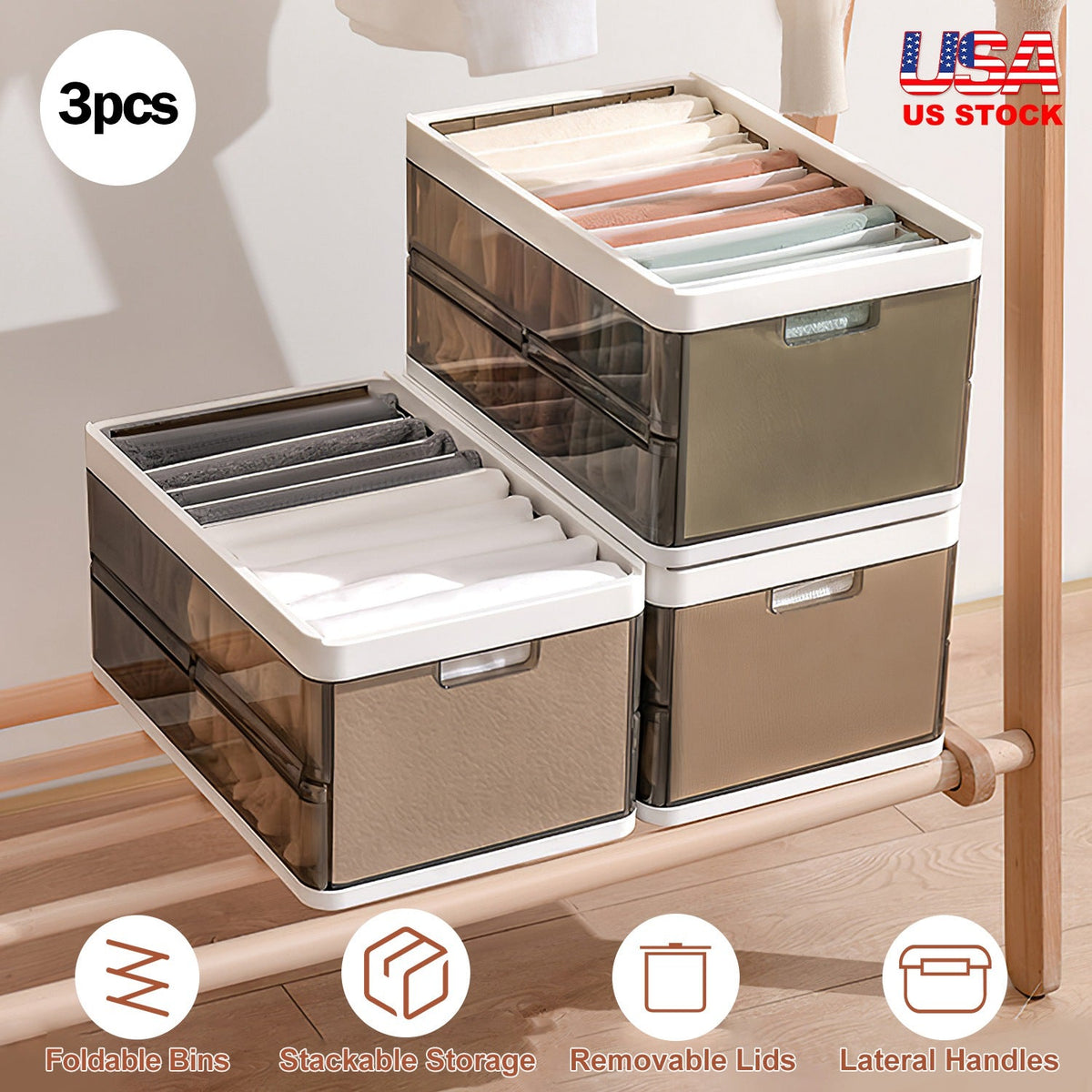 Foldable Storage Bins with Lids – 3-Pack