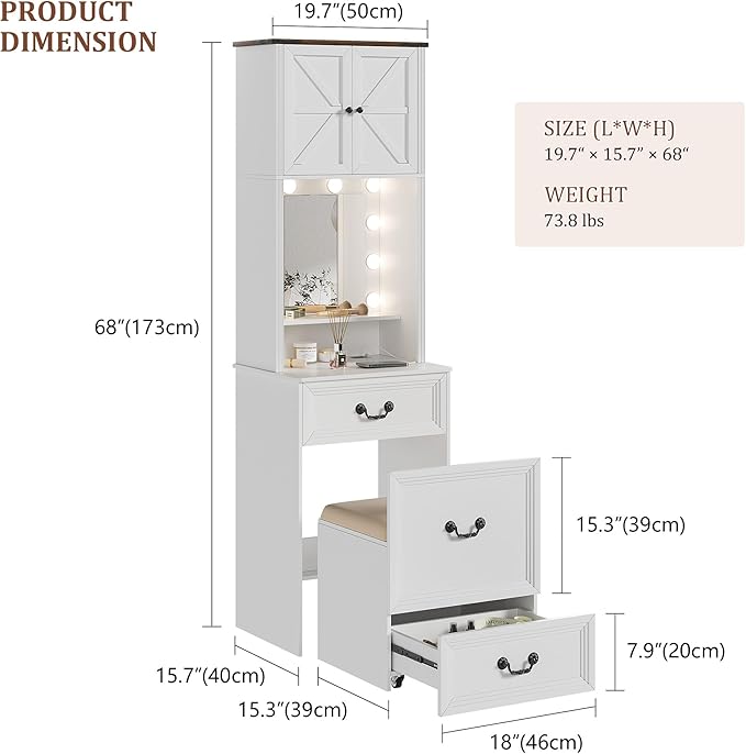 Compact Vanity with Hidden Chair | Mini Dorm Organizers and Storage Dressing Table Desk Gift for Girls Lady with 2 Large Drawers Shelves Mirror Lights for Small Bedroom (White)