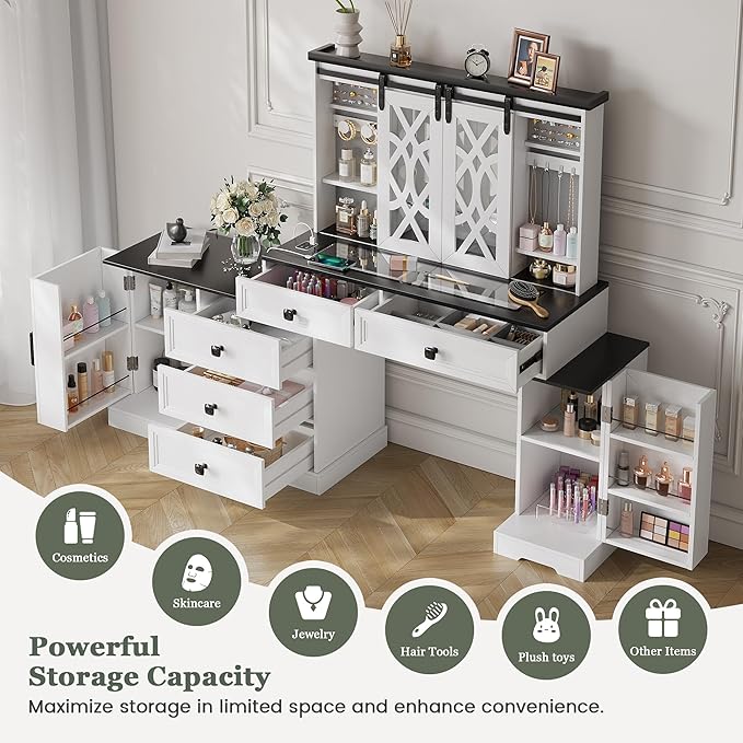 Compact Vanity with Hidden Chair | Mini Dorm Organizers and Storage Dressing Table Desk Gift for Girls Lady with 2 Large Drawers Shelves Mirror Lights for Small Bedroom (White)
