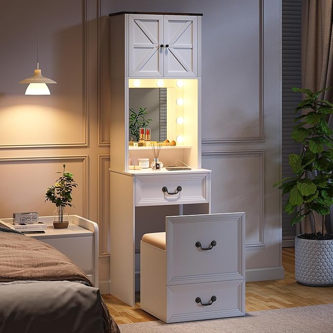 Compact Vanity with Hidden Chair | Mini Dorm Organizers and Storage Dressing Table Desk Gift for Girls Lady with 2 Large Drawers Shelves Mirror Lights for Small Bedroom (White)