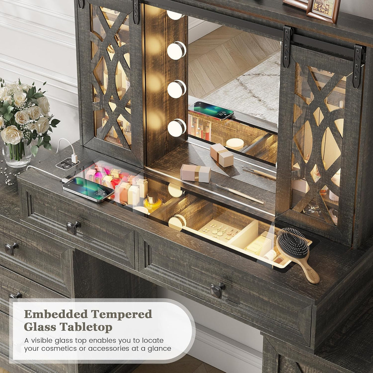 Compact Vanity with Hidden Chair | Mini Dorm Organizers and Storage Dressing Table Desk Gift for Girls Lady with 2 Large Drawers Shelves Mirror Lights for Small Bedroom (White)
