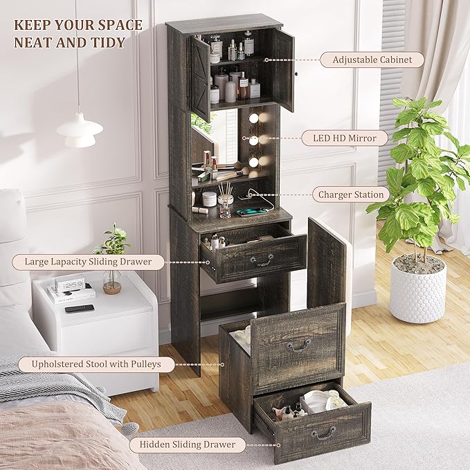 Compact Vanity with Hidden Chair | Mini Dorm Organizers and Storage Dressing Table Desk Gift for Girls Lady with 2 Large Drawers Shelves Mirror Lights for Small Bedroom (White)
