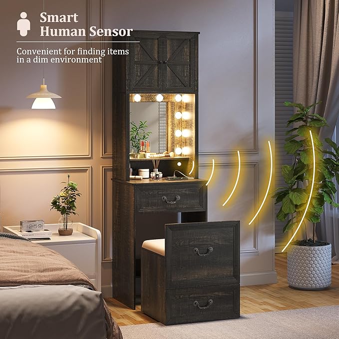 Compact Vanity with Hidden Chair | Mini Dorm Organizers and Storage Dressing Table Desk Gift for Girls Lady with 2 Large Drawers Shelves Mirror Lights for Small Bedroom (White)