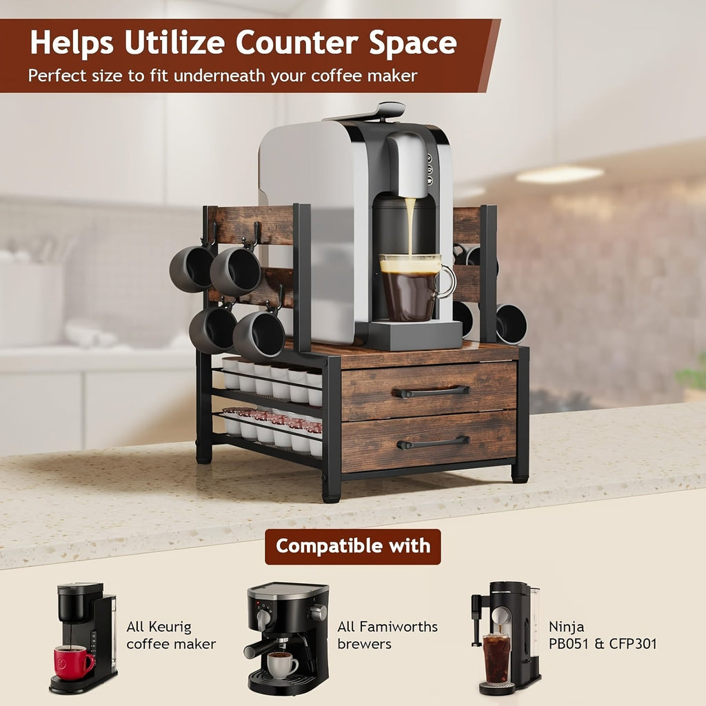 2-Tier Coffee Pod Organizer with Drawer & Mug Hooks