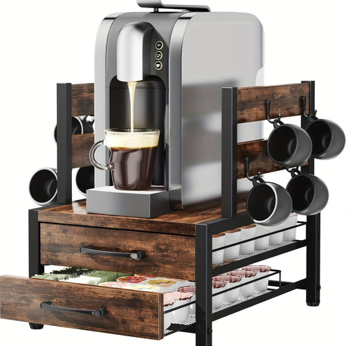 2-Tier Coffee Pod Organizer with Drawer & Mug Hooks