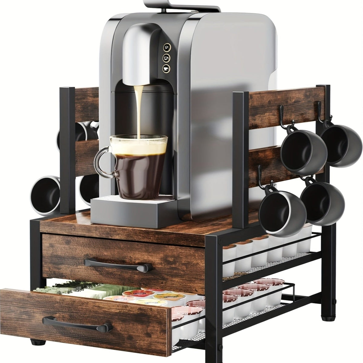 2-Tier Coffee Pod Organizer with Drawer & Mug Hooks
