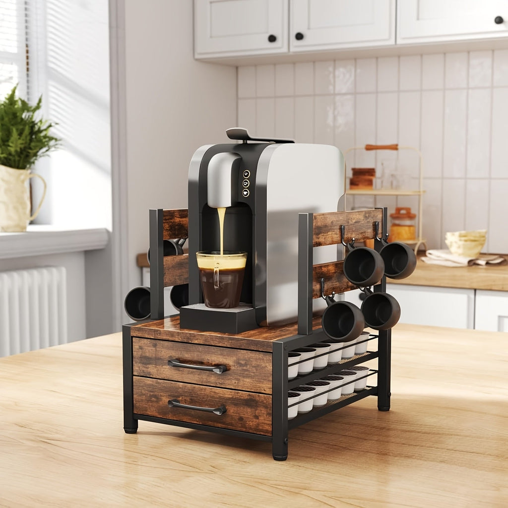 2-Tier Coffee Pod Organizer with Drawer & Mug Hooks