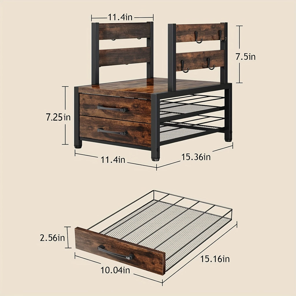 2-Tier Coffee Pod Organizer with Drawer & Mug Hooks