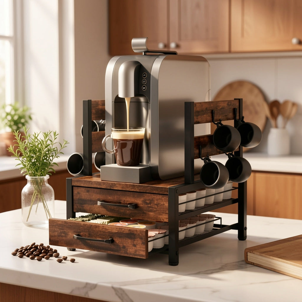 2-Tier Coffee Pod Organizer with Drawer & Mug Hooks